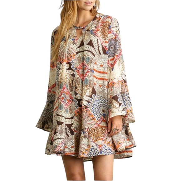 Umgee Dresses & Skirts - Umgee Boho Dress SM Tiered Tunic Flowy Bohemian Bell Sleeves Babydoll Oversized